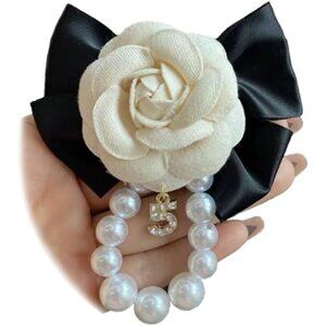 Vintage Camellia Bow Tie Brooch Pearl Chain Tassel Fabric Flower Jewelry